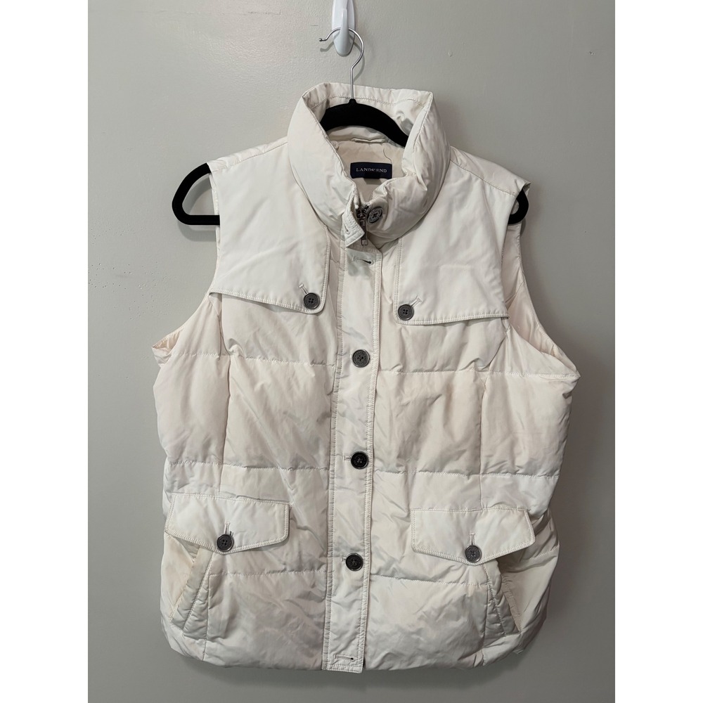 Lands End Womens Down Puffer Vest Cream Off White Quilted Full Zip Large 14-16